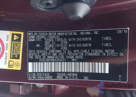 2019 Toyota Highlander Le Plus z USA, uszkodzony, nr VIN 5TDZZRFH5KS354031